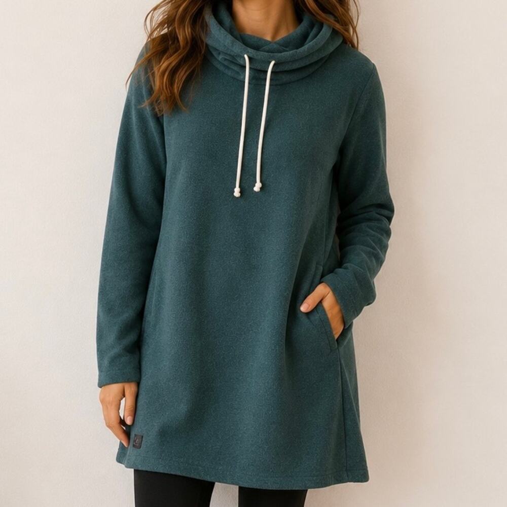 DESO | Fleece Cowl Neck Tunic Dress Teal Drawstring Made in USA | Size XL